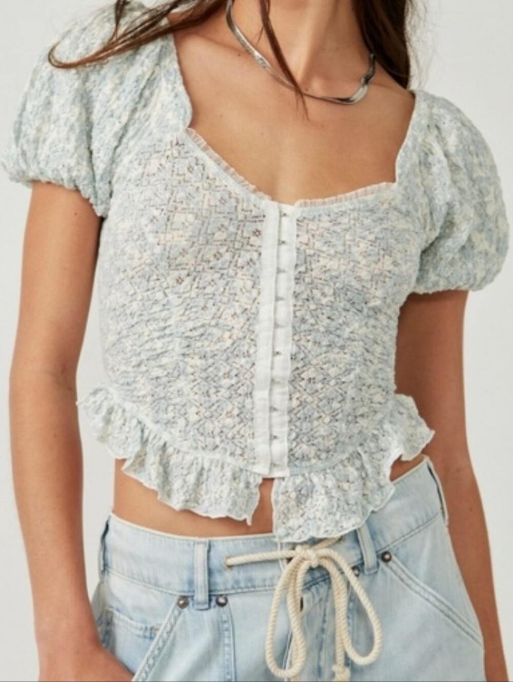 Free People Oh Baby Lace Top Light Blue Floral Puff Sleeve Peasant